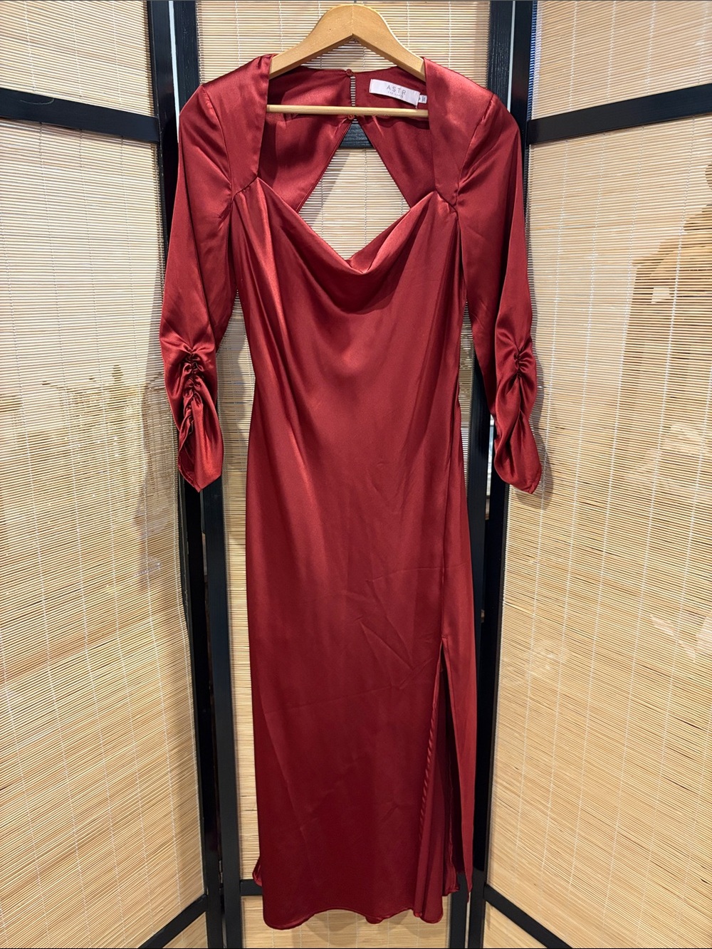 Satin Cowl-Neck Long Sleeve Midi Dress - Merlot